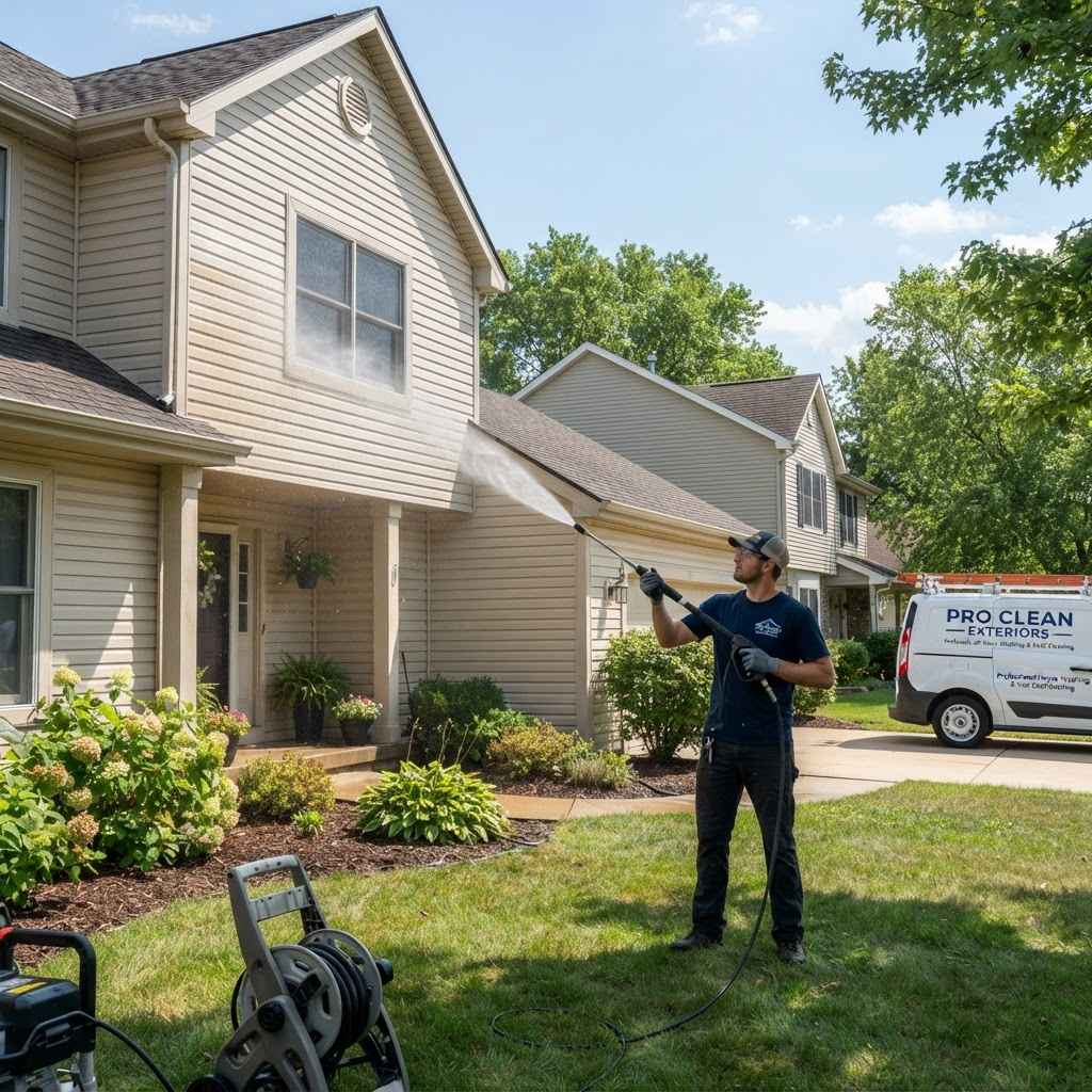 Soft washing the vinyl siding of a suburban home to protect curb appeal