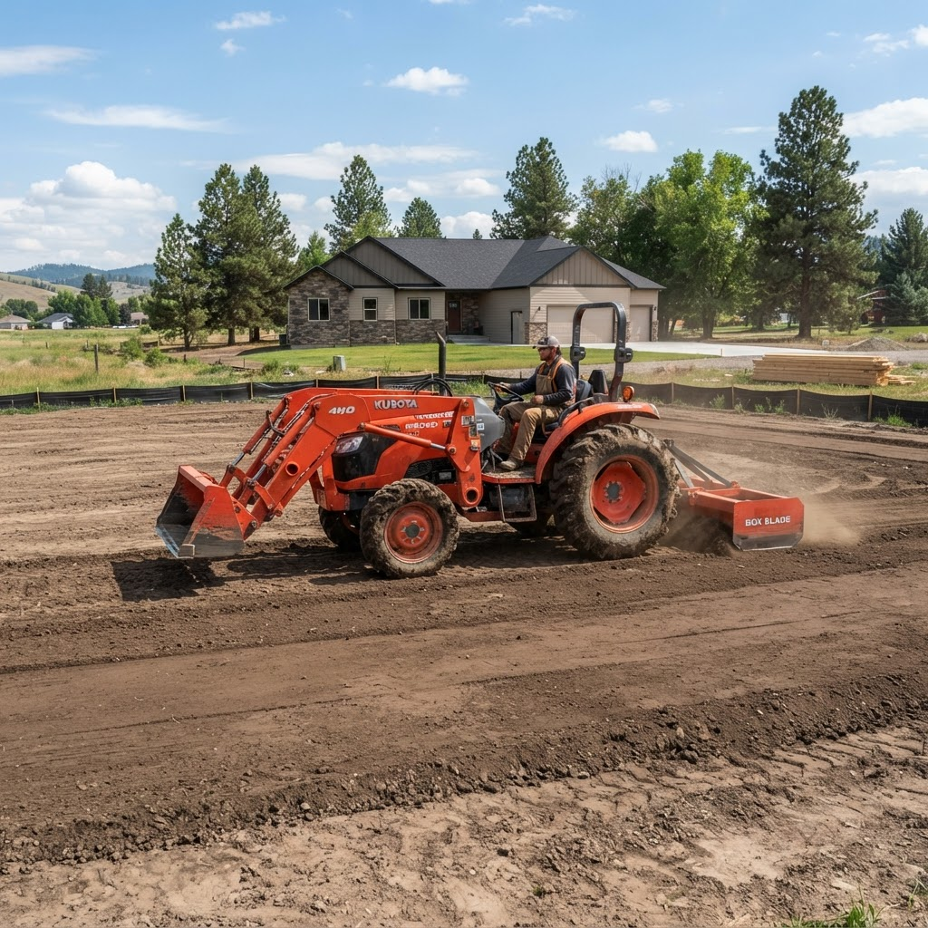 A tractor with a box blade grading and leveling a dirt lot for land preparation