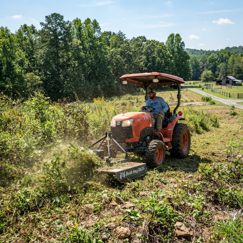 A tractor with a bush hog attachment mowing overgrown grass and brush on rural land